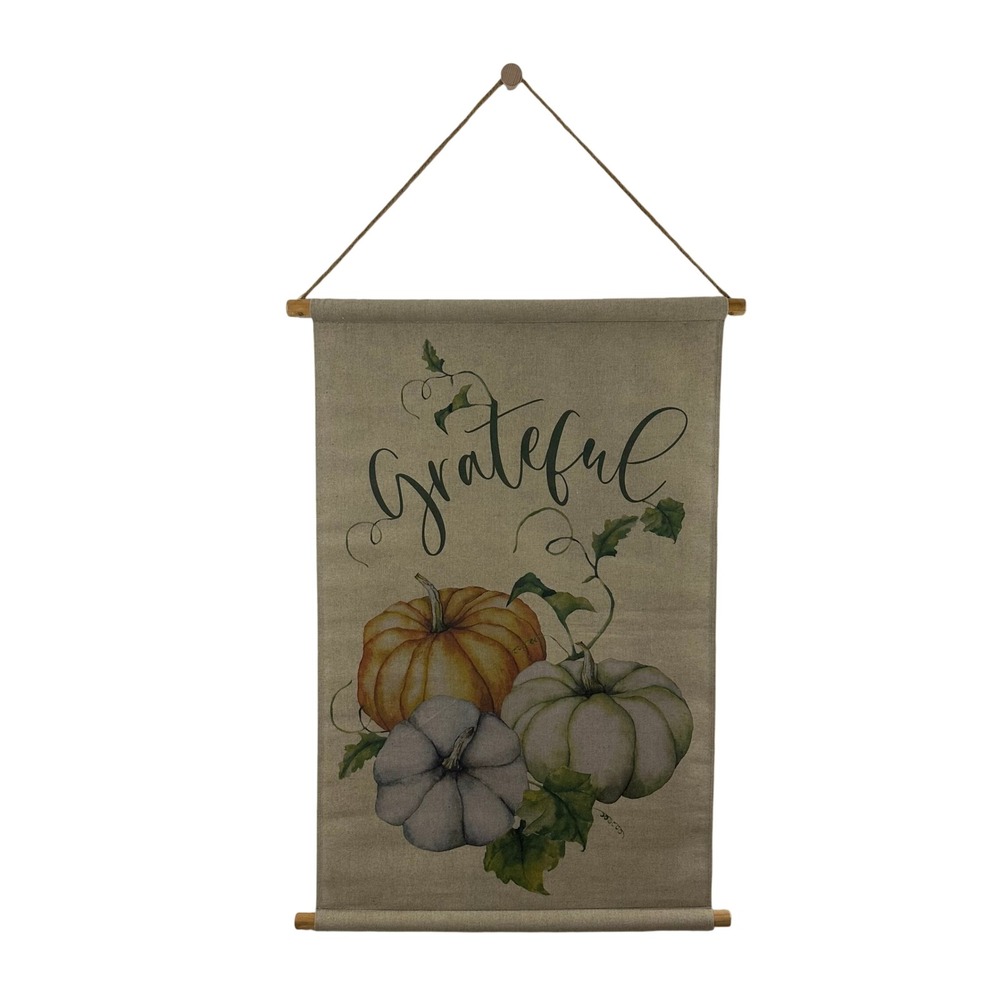 Grateful Pumpkin Harvest Wall Hanging Scroll Rustic Farmhouse Autumn Decor 35x26